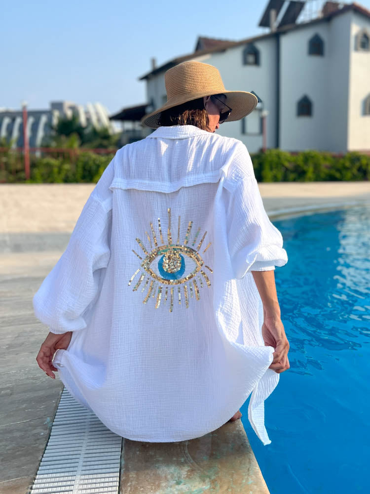 Musselin Bluse Auge aus Pailetten Oversize – weiß
