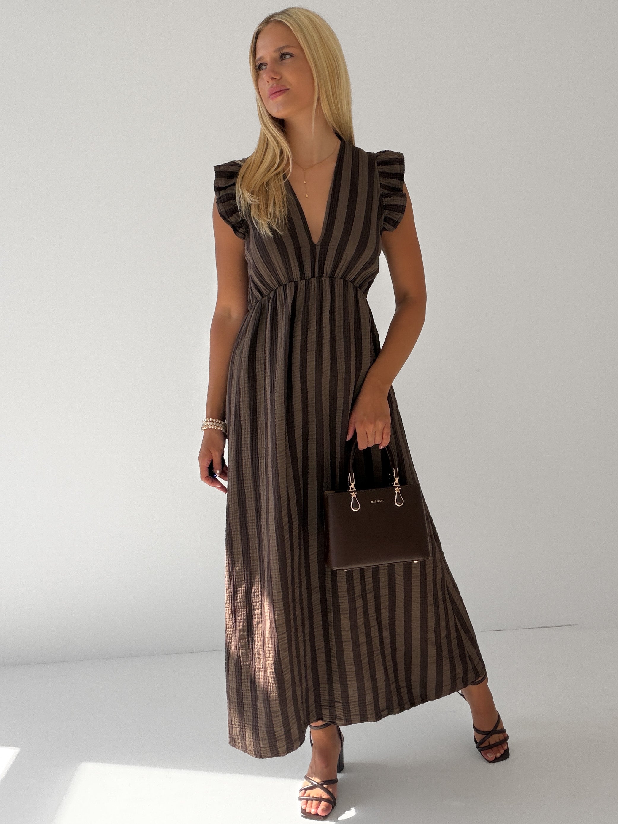 "Pianosa Stripes" Maxikleid aus Musselin - mocca