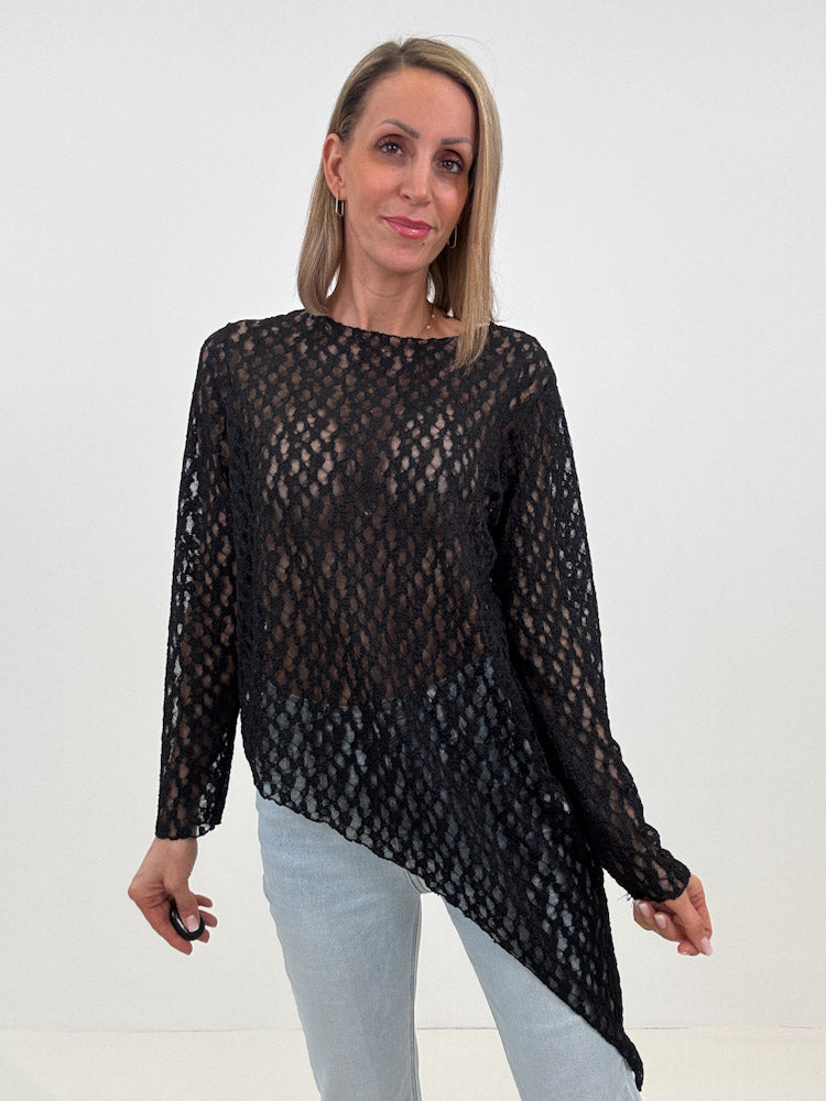 "Secret Lace" tolles asymmetrisches Longshirt aus Spitze - schwarz