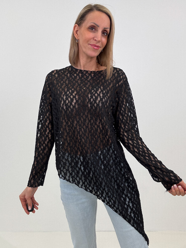 "Secret Lace" tolles asymmetrisches Longshirt aus Spitze - schwarz