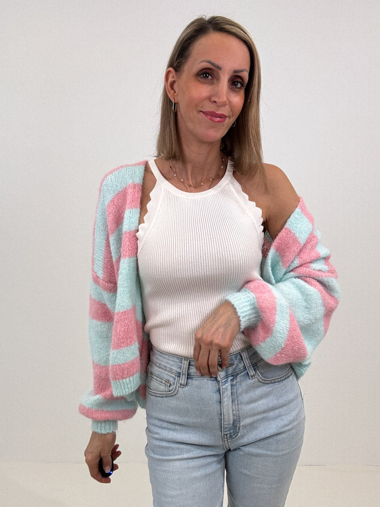 "Denver Stripes" weicher Cardigan mit Lana Wolle - türkis/rosa