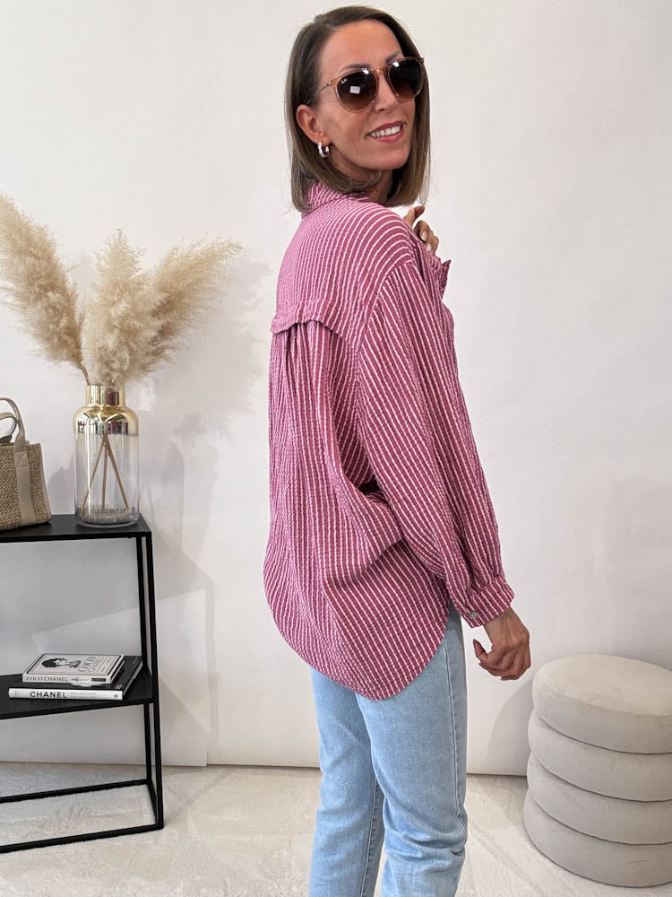 "Little Stripes" Musselin Bluse Midi mit Streifen - berry