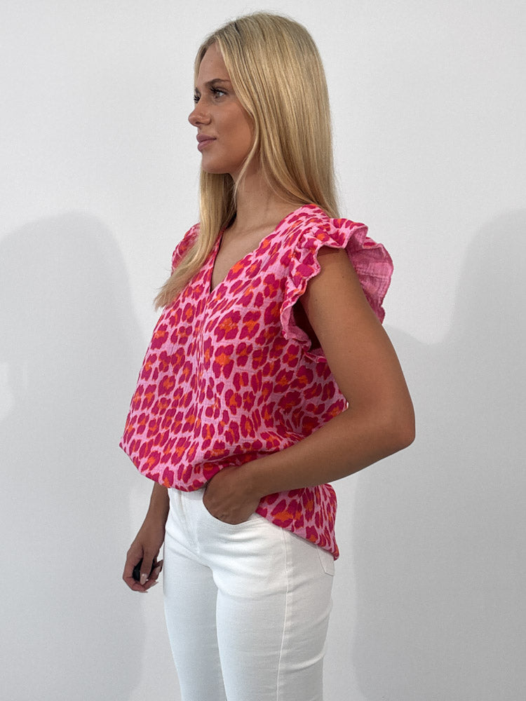 "Waffle Leo" Musselin Top aus Baumwolle - pink/orange