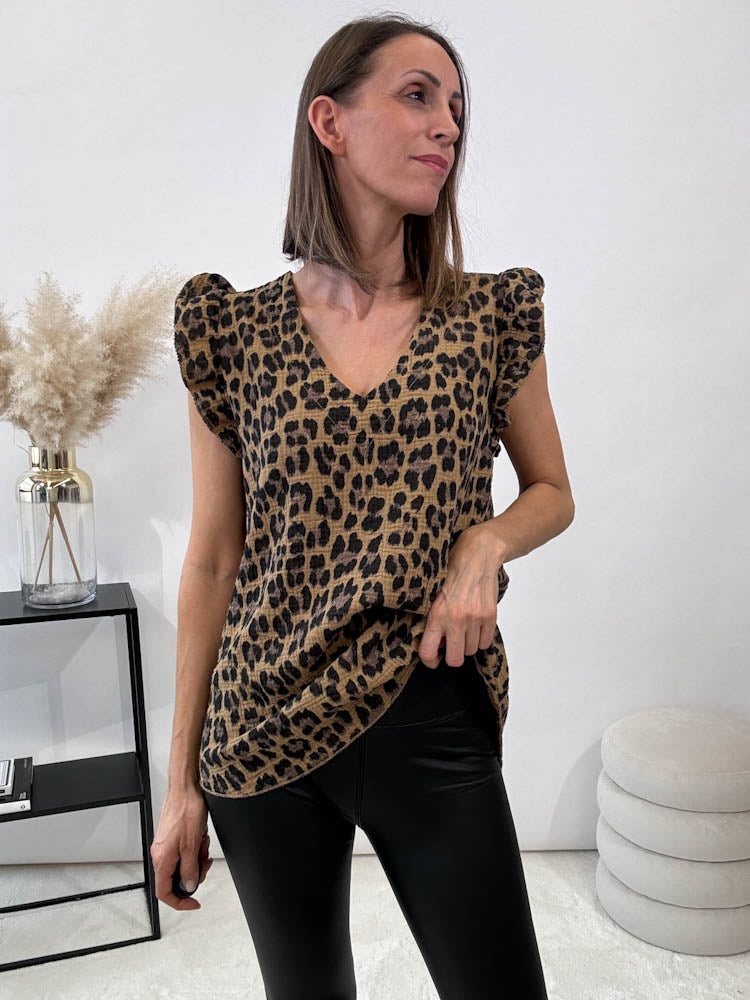 "Waffel Leo" Musselin Top aus Baumwolle - camel