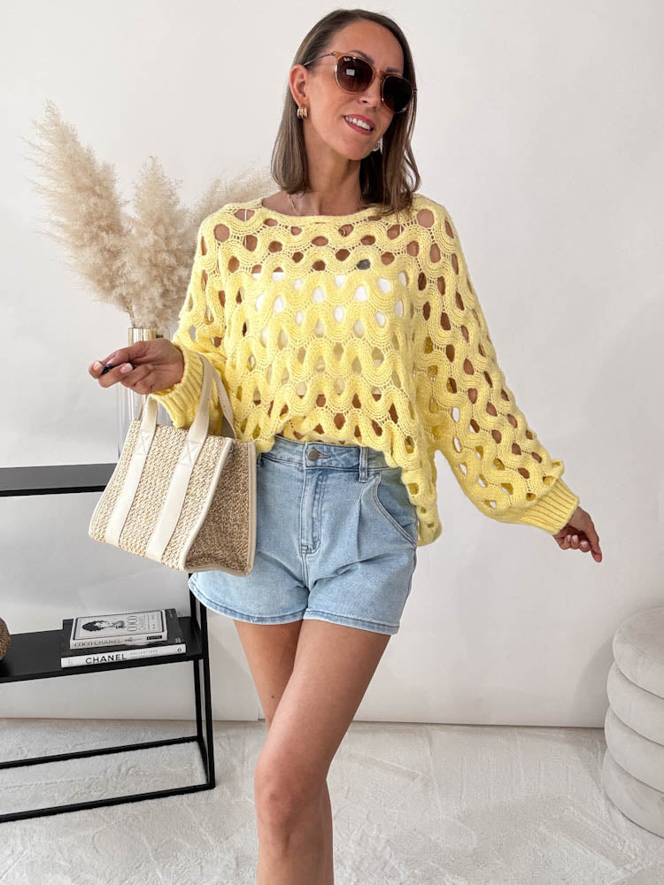 "Ibiza" Boho-Strickpullover mit Lochmuster- gelb