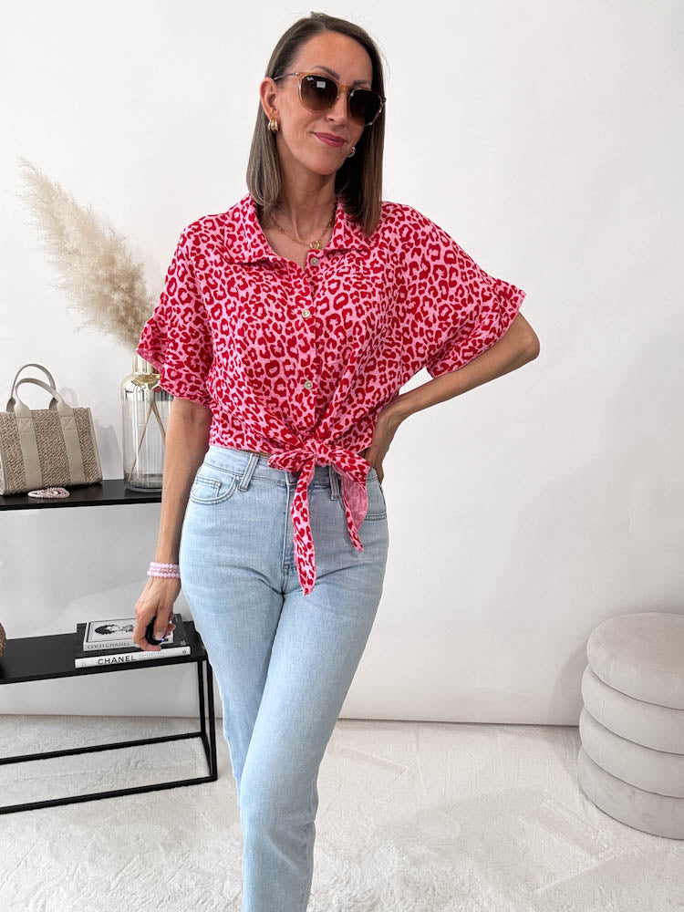 "Musselin Leo" kurze Bluse aus Baumwolle - rosa/rot