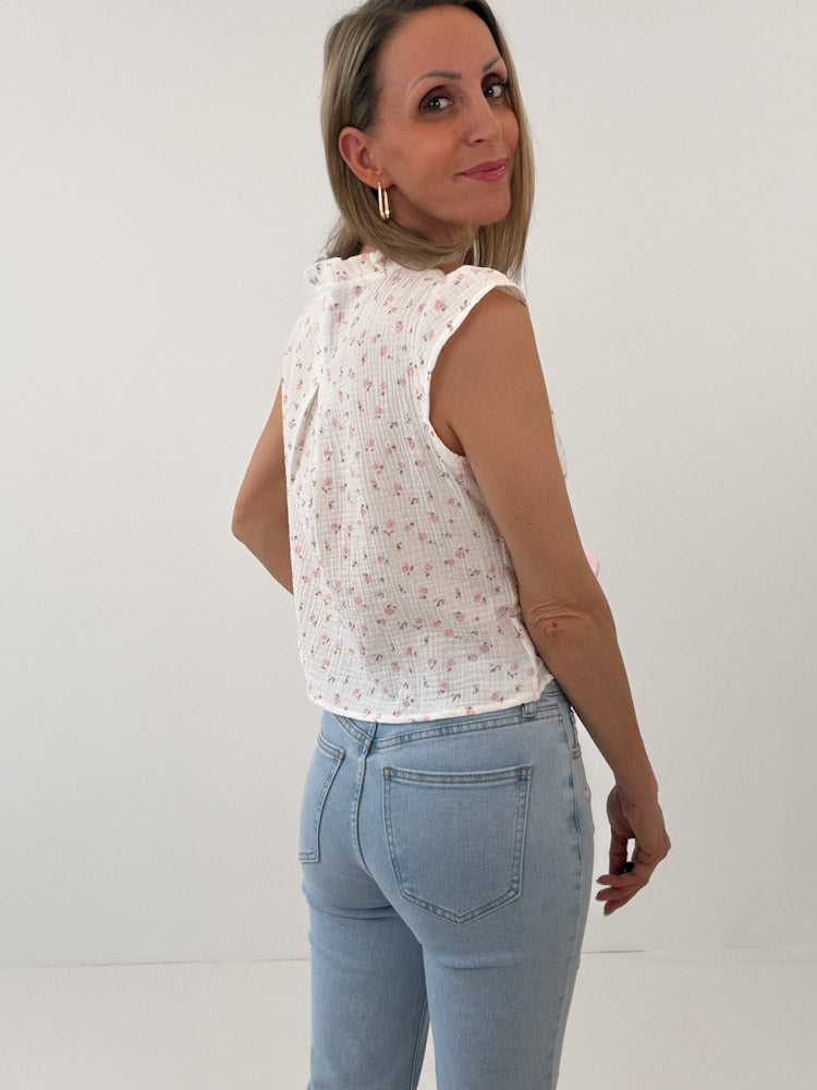 "Little Rosy Bow" süße Musselintop mit Blumenmuster - weiß/ rosa