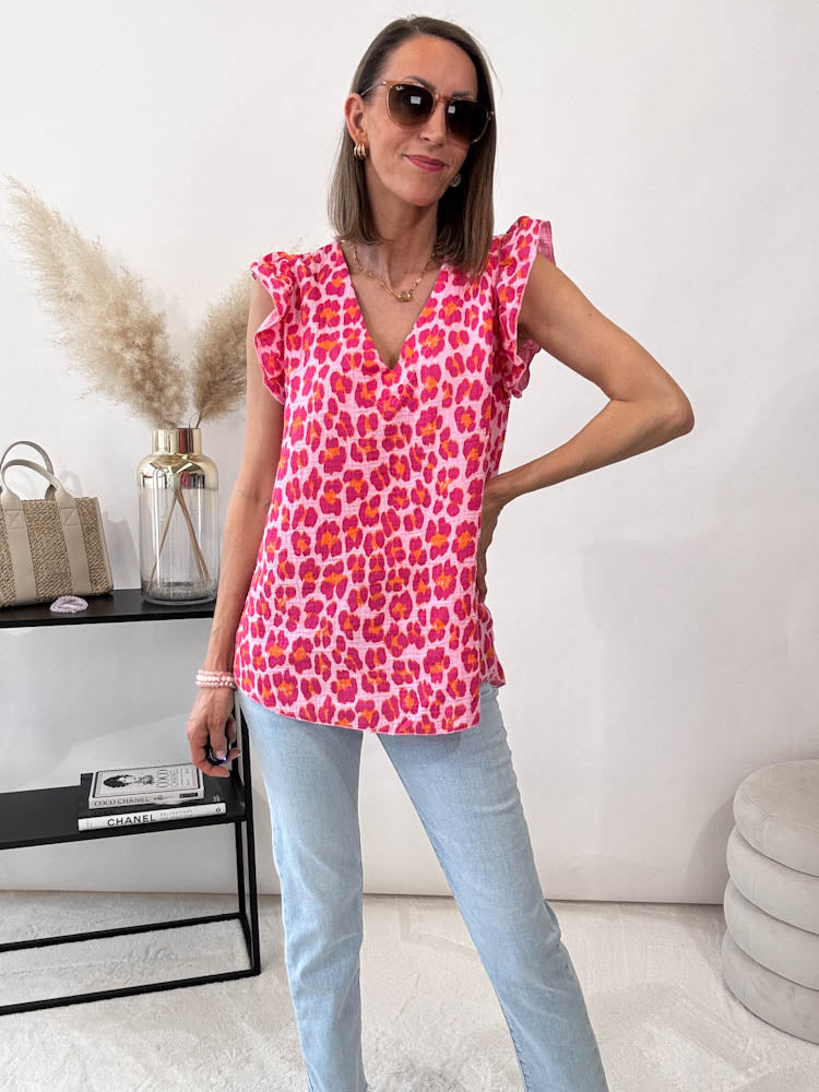 "Waffle Leo" Musselin Top aus Baumwolle - pink/orange