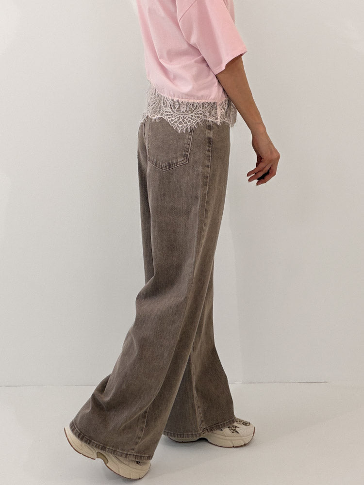 "Mousse" Wide Leg Jeans - washing mocca
