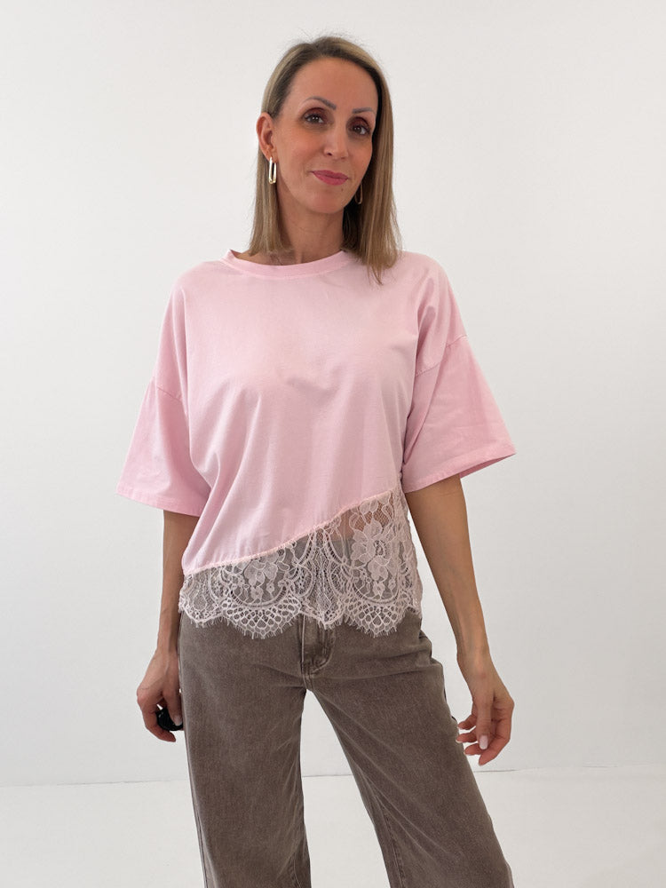 "Faro Lace" stylisches T-Shirt mit Spitzendetails - hellrosa