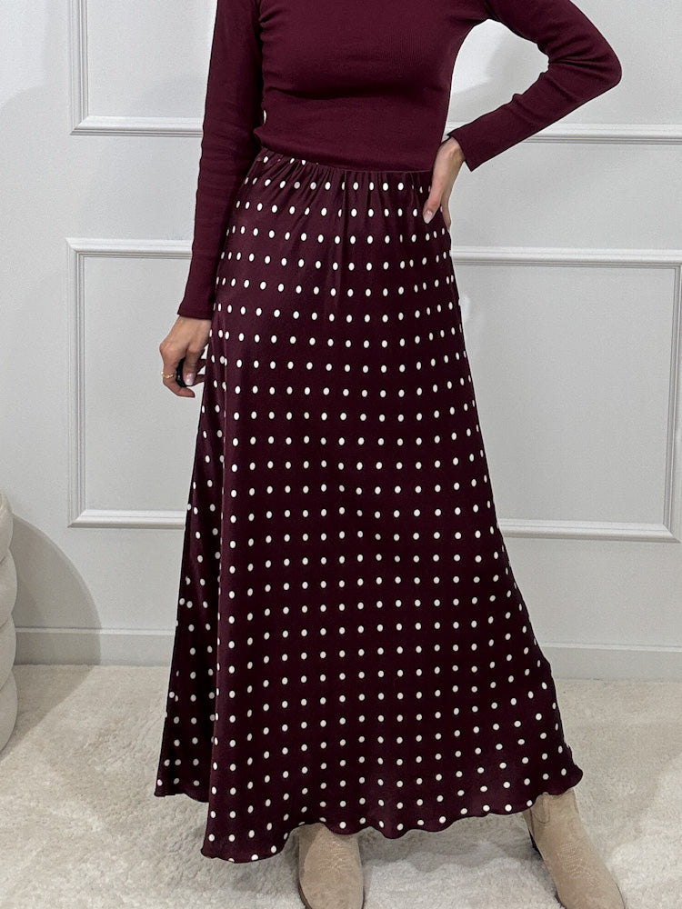 "Silky Polka Dots Maxi" langer Rock aus Viscose - bordeaux/weiß