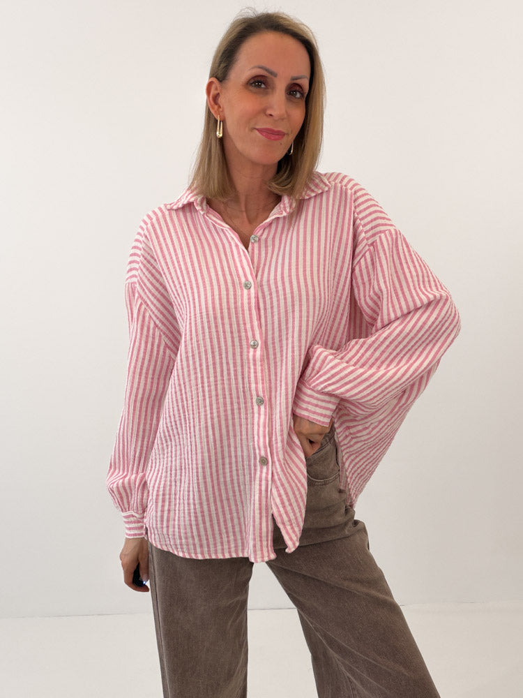"Waffle Stripes 2.0 Midi" kurze Musselinbluse - rosa/weiß