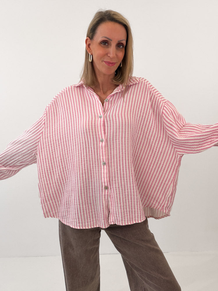 "Waffle Stripes 2.0 Midi" kurze Musselinbluse - rosa/weiß