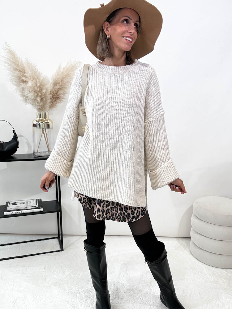 Strickpullover mit Schlitz - beige