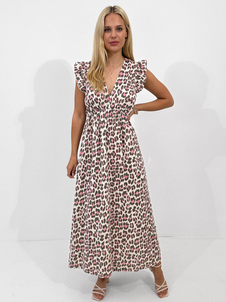 "Pianosa" tolles Leo Maxikleid aus Musselin - matcha/pink