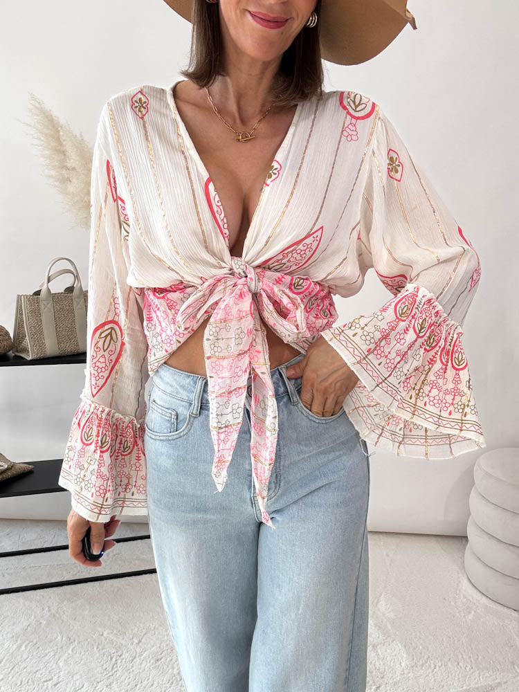 "Boho Blossom" Wickel/Knoten Bluse - creme