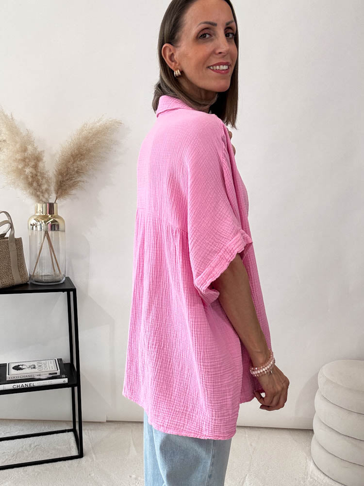 "Waffle Summer" Bluse aus Baumwolle (Musselin) - candy rose