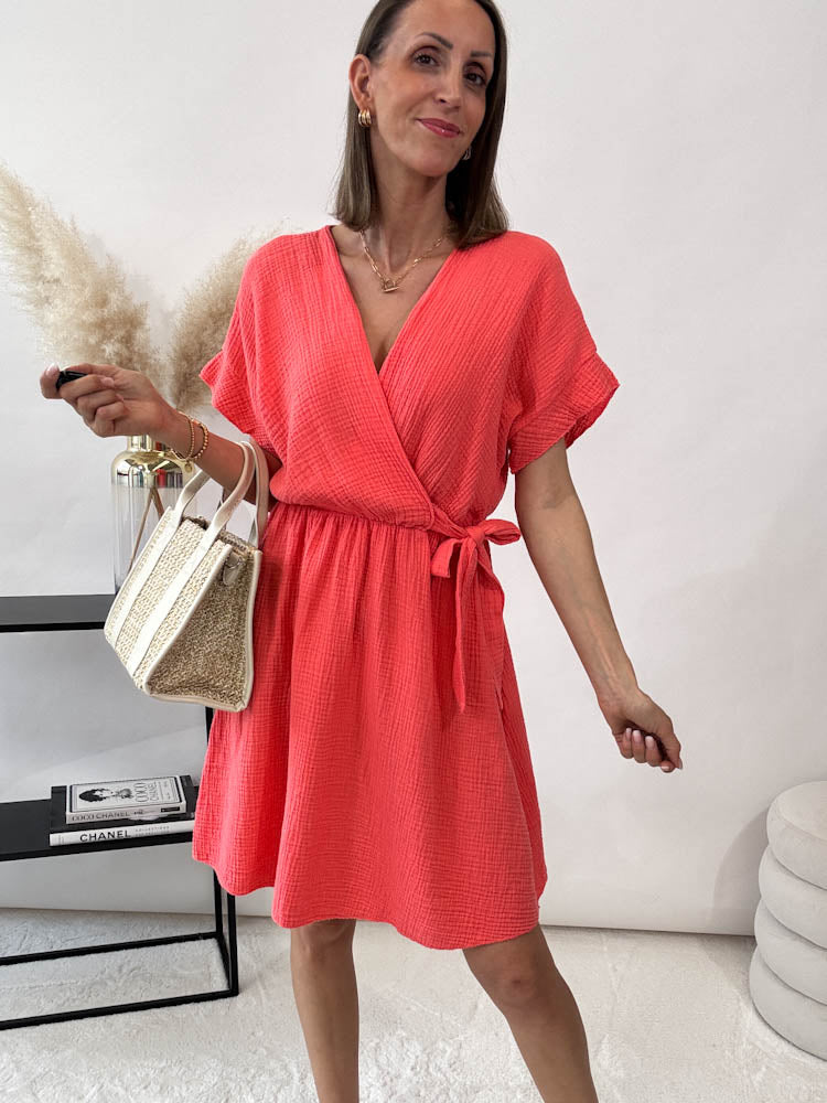 "Nella" Wickelkleid aus Baumwolle - coral
