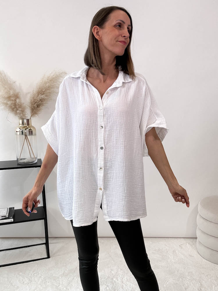 "Waffle Summer" Bluse aus Baumwolle (Musselin)- weiß