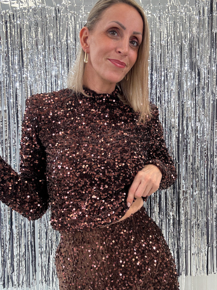 "Sequins" Pailletten Top - braun