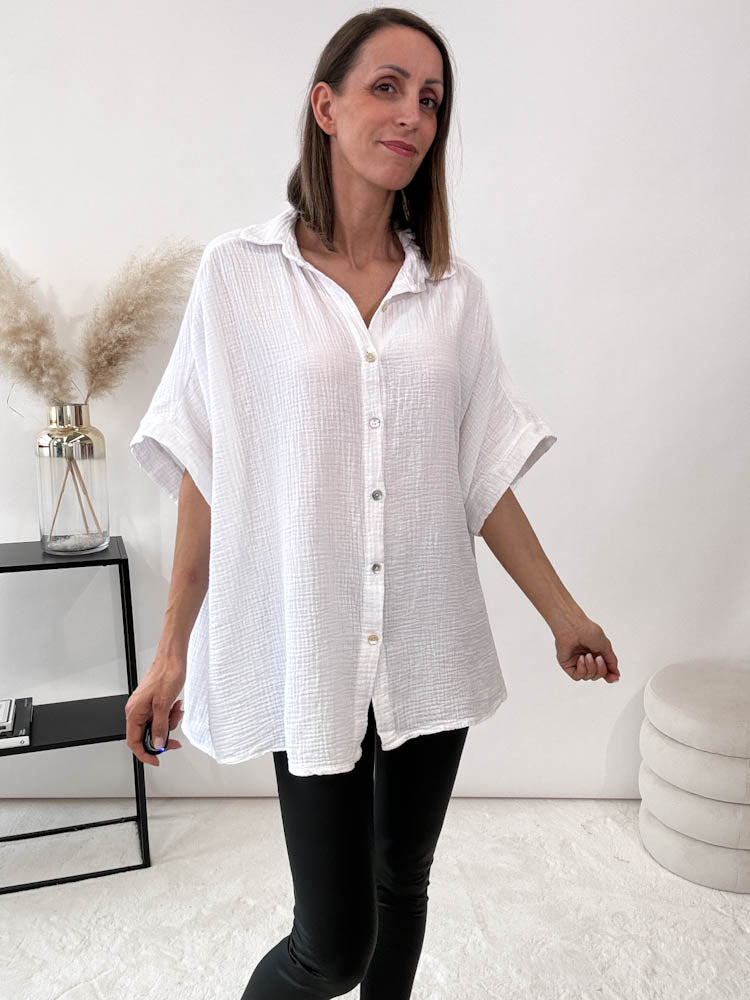 "Waffle Summer" Bluse aus Baumwolle (Musselin)- weiß