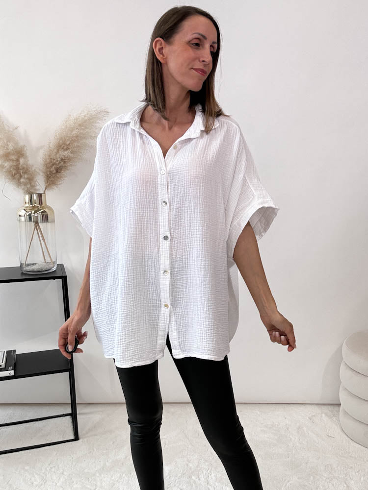 "Waffle Summer" Bluse aus Baumwolle (Musselin)- weiß