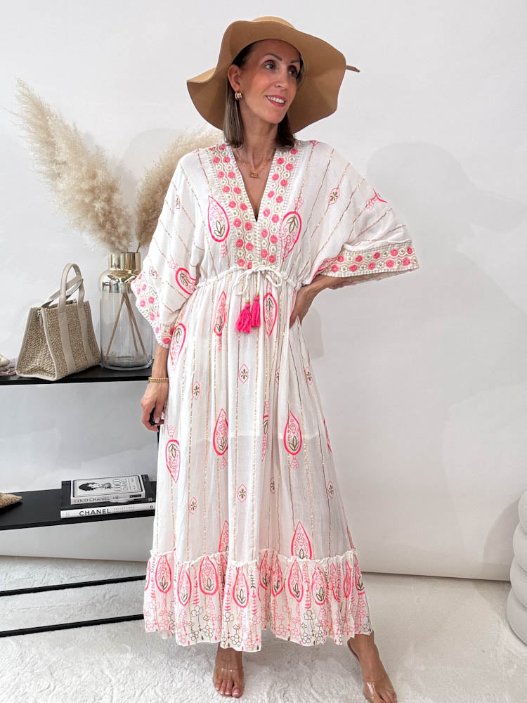 "Boho Flower" Maxikleid - creme/pink