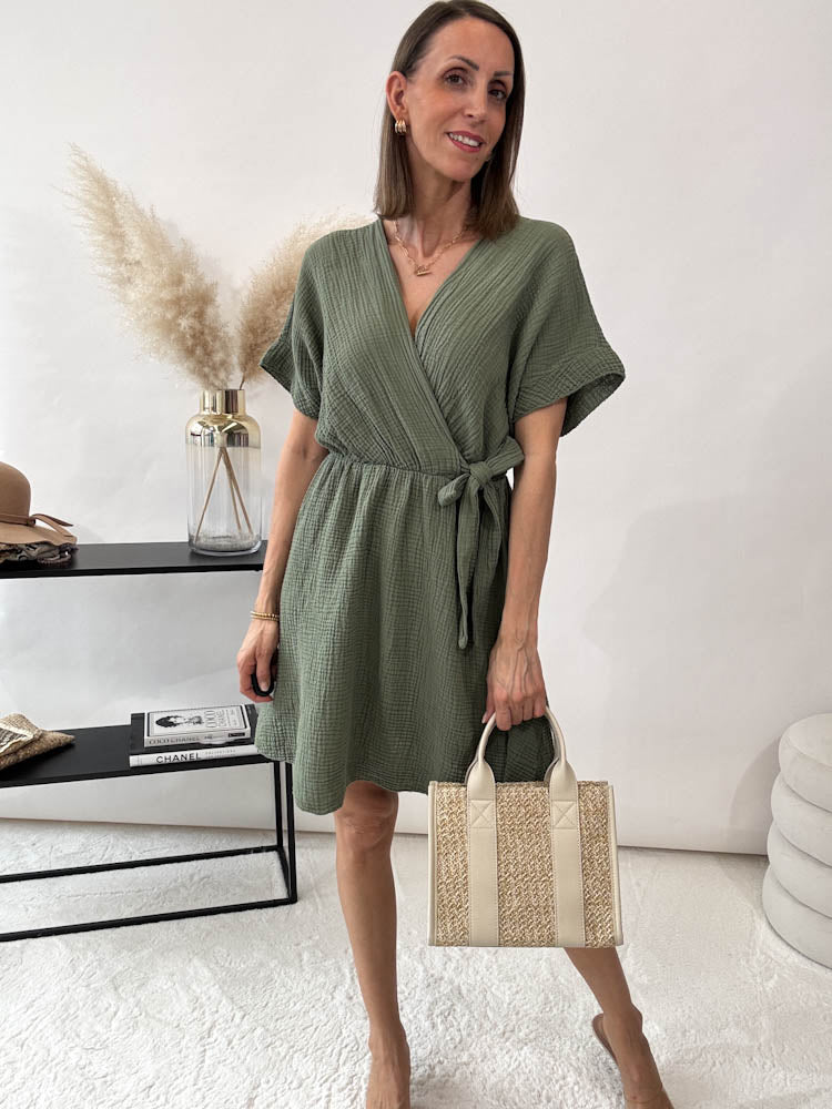 "Nella" Wickelkleid aus Baumwolle - matcha green