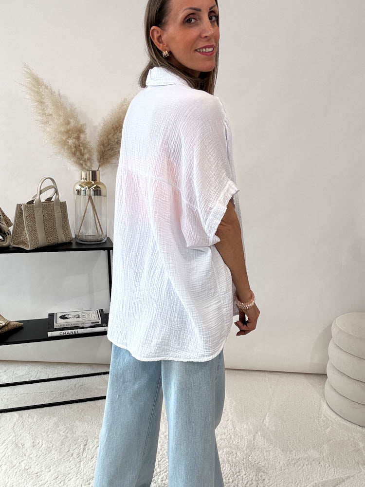 "Waffle Summer" Bluse aus Baumwolle (Musselin)- weiß
