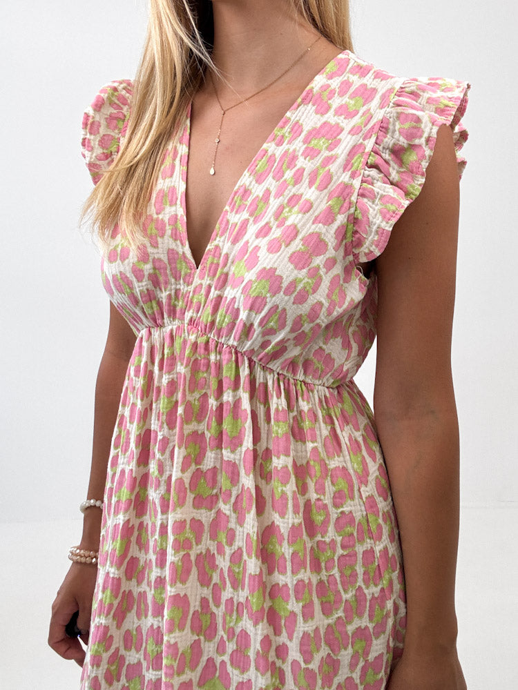 "Pianosa" Leo Maxikleid aus Musselin - creme/rosa/grün