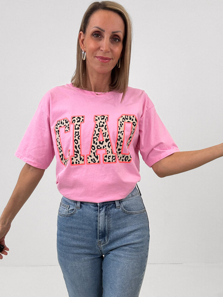 "Ciao" Shirt mit Statement in Leoprint - cotton candy