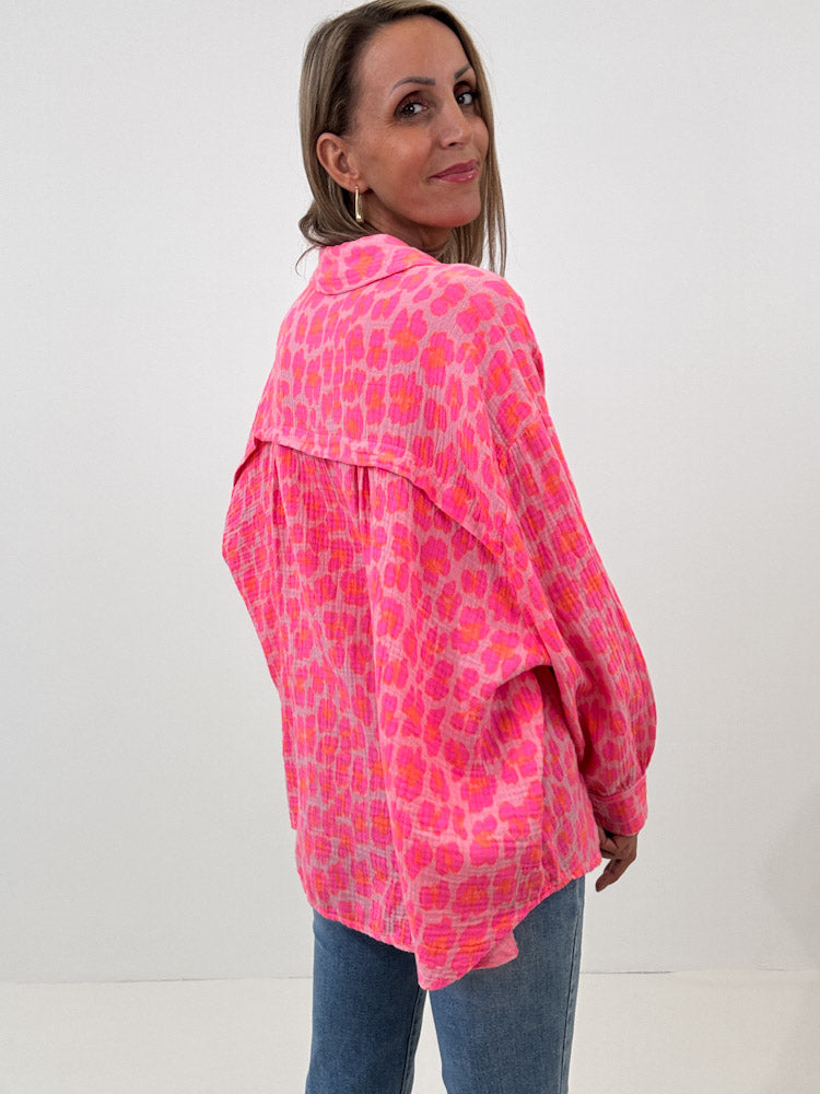 "Waffle 2.0 Leo Midi" kurze Musselinbluse - glowy pink