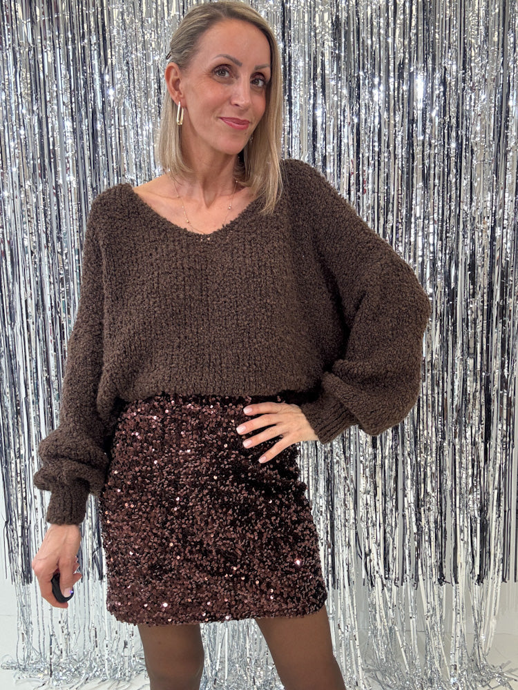"Sequin Skirt" Stretchrock mit Pailletten - braun