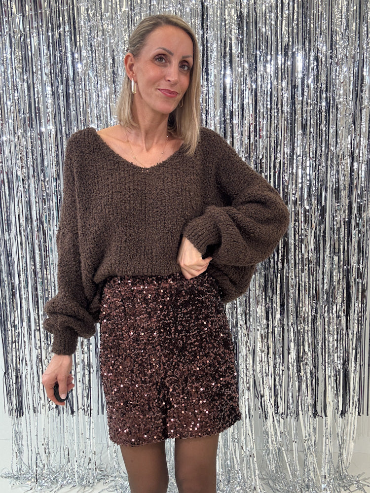 "Sequin Skirt" Stretchrock mit Pailletten - braun