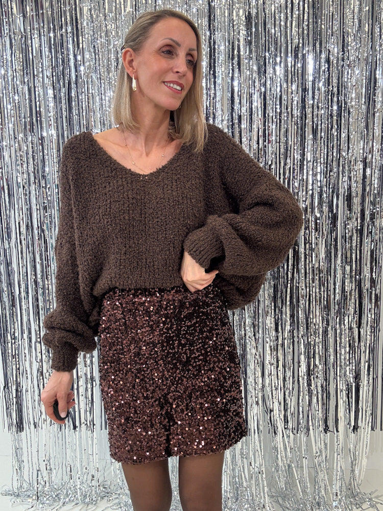 "Sequin Skirt" Stretchrock mit Pailletten - braun