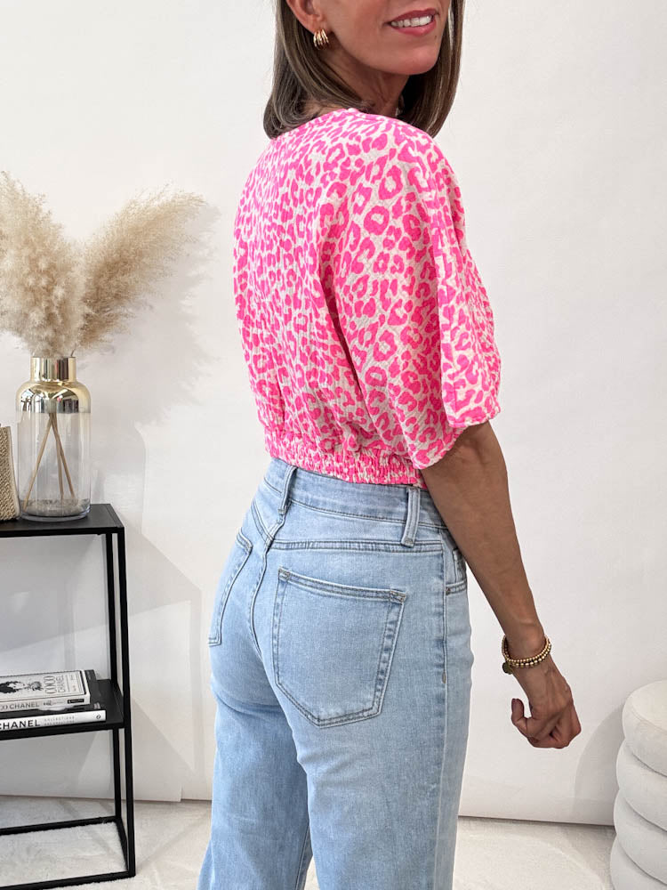 "Leo Waffle Crop" Top aus Musselin - pink