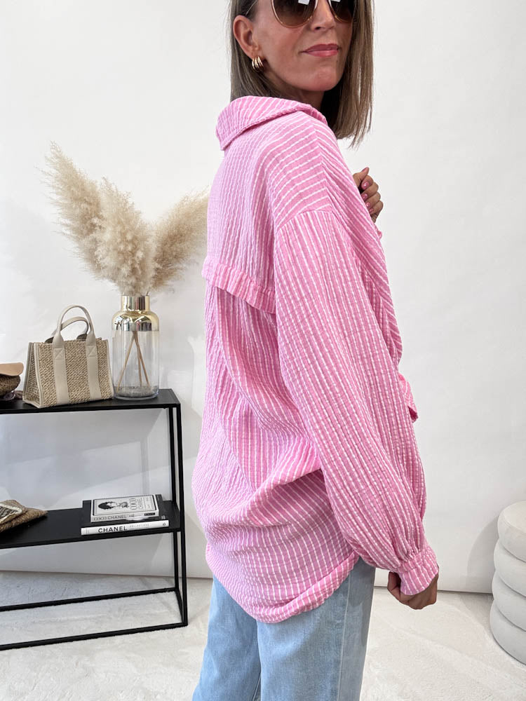 "Little Stripes" Musselin Bluse Midi mit Streifen - rosa/weiss
