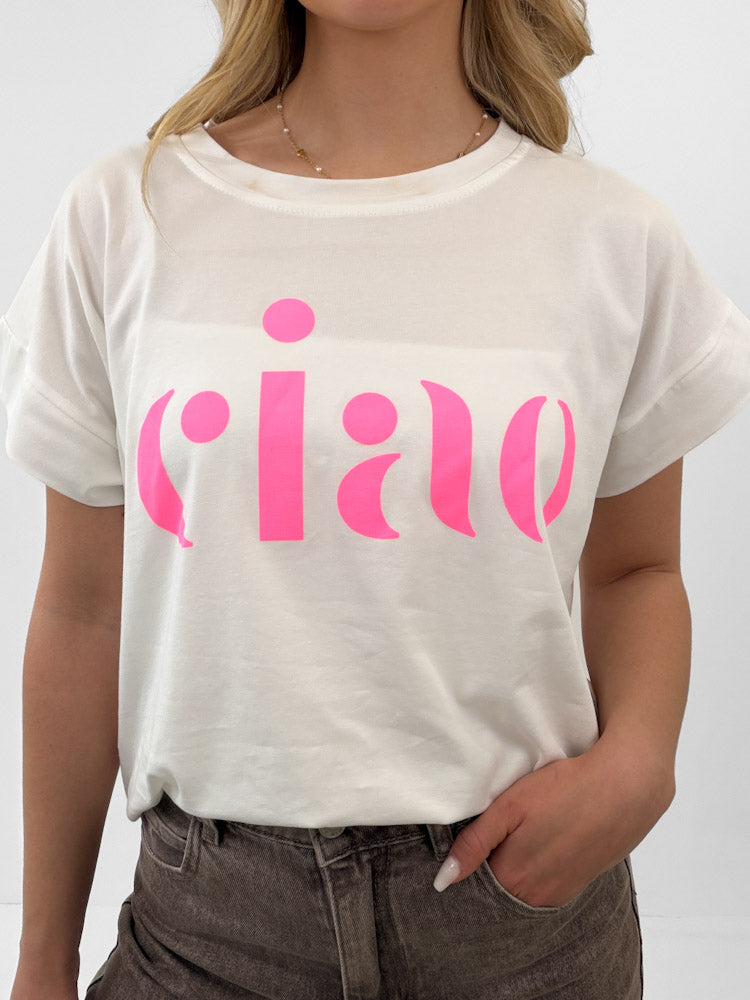 "Ciao 2.0" stylisches Shirt mit Statement - weiß/rosa
