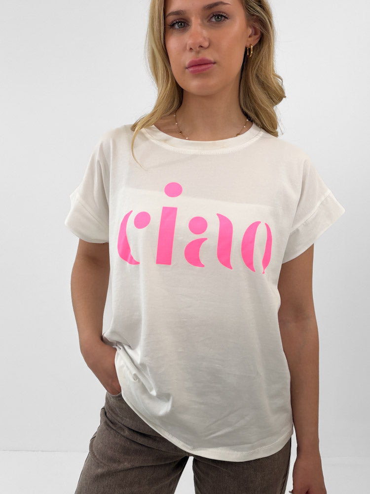 "Ciao 2.0" stylisches Shirt mit Statement - weiß/rosa
