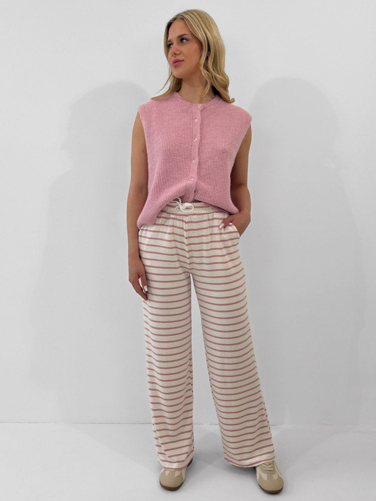 "Relax" gestreifte Hose aus Viscose - weiß/rosa