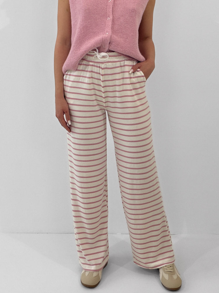 "Relax" gestreifte Hose aus Viscose - weiß/rosa