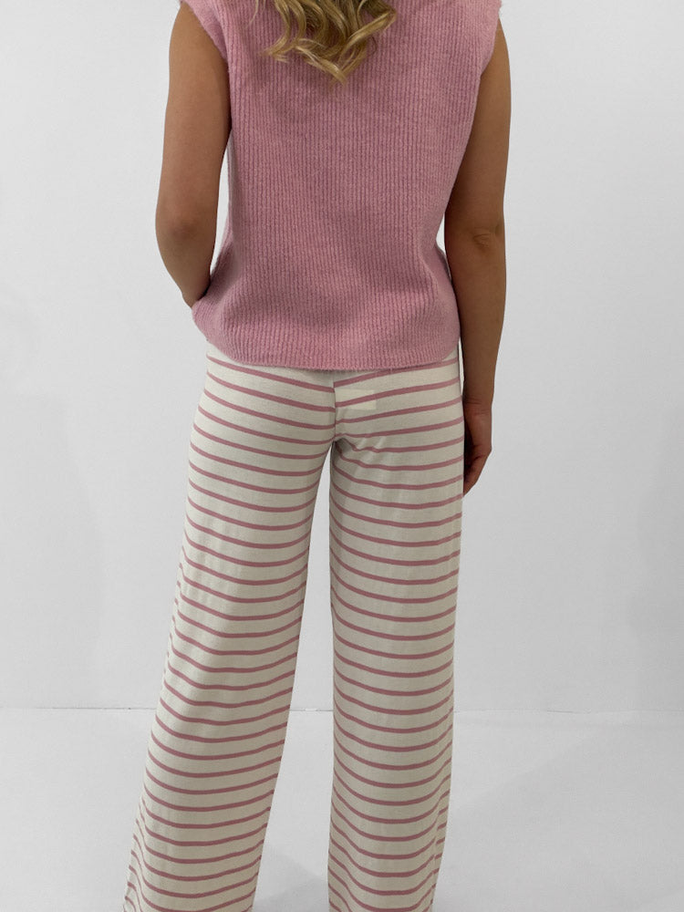 "Relax" gestreifte Hose aus Viscose - weiß/rosa