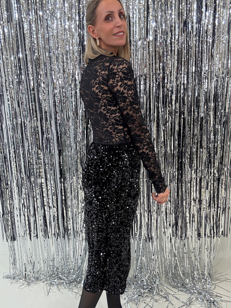 "Sequin long Skirt" Paillettenrock mit Schlitz - schwarz