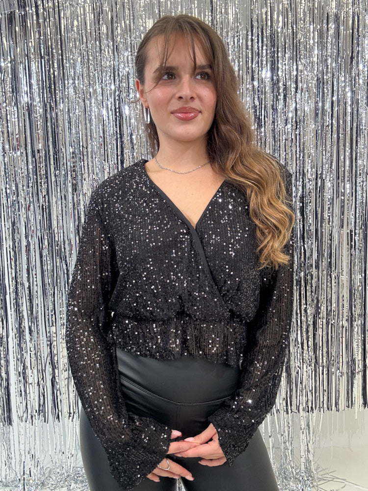 "Sparkle" Pailletten Shirt mit V-Ausschnitt - schwarz