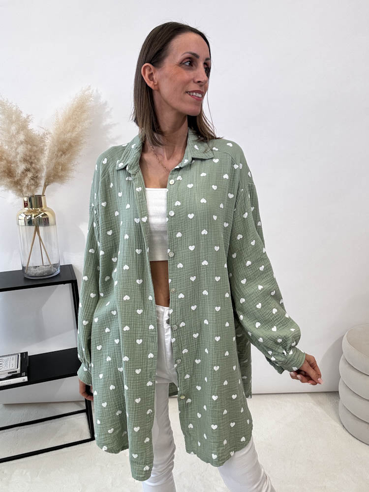 "Heart Maxi" Musselin Oversize Bluse mit Herzen - matcha