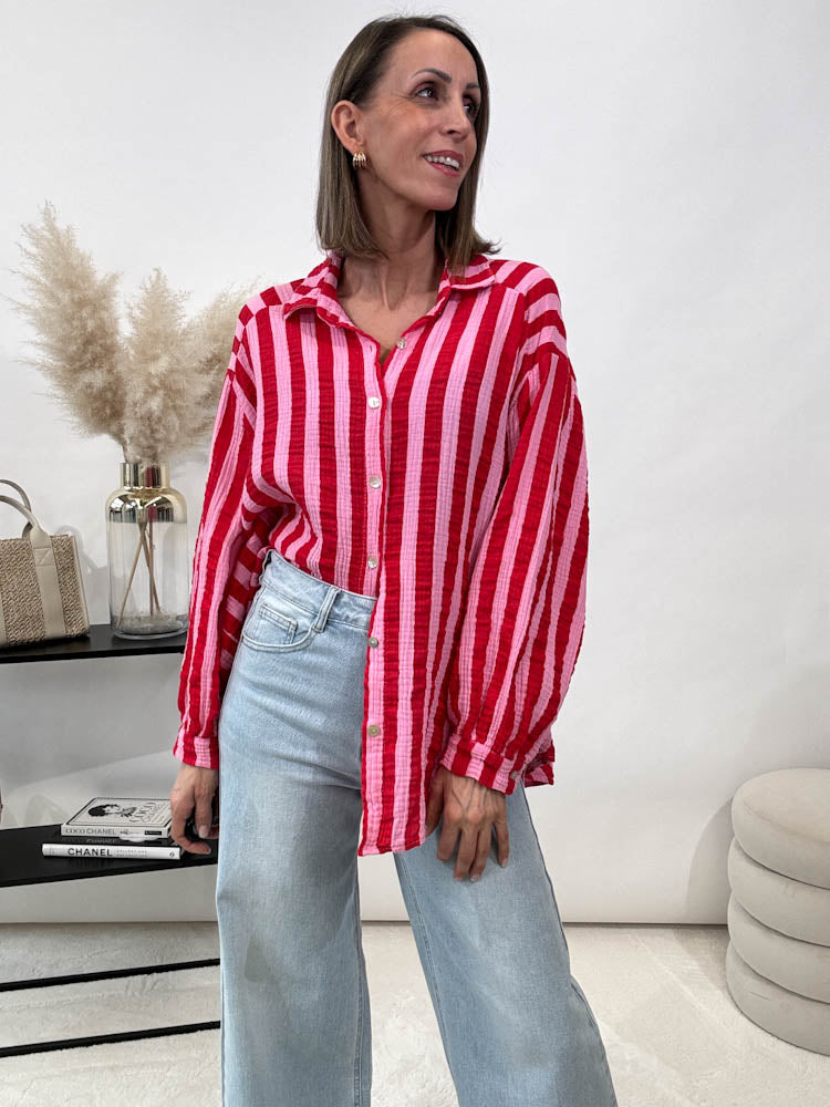"Stripes Midi" Musselin Bluse mit Streifen - rosa/rot