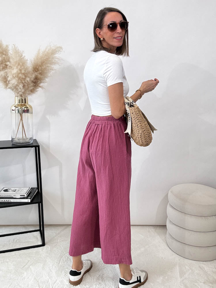 "Waffle Culotte" Hose aus Musselin - berry
