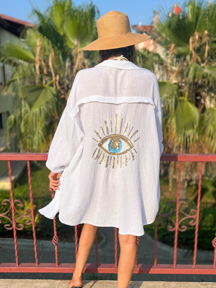 Musselin Bluse Auge aus Pailetten Oversize – weiß