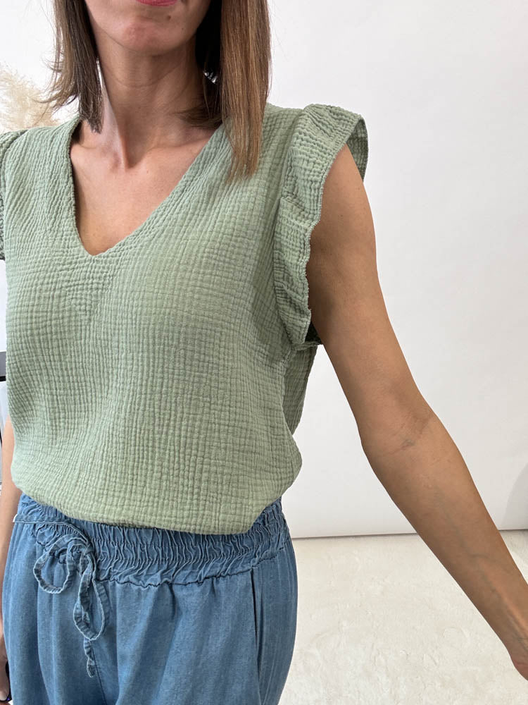 "Waffle" Musselin Top aus Baumwolle - matcha