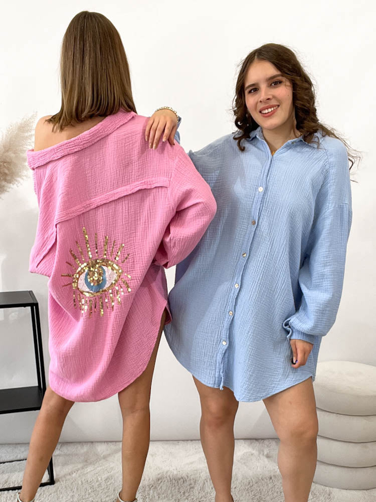 Musselin Bluse Auge aus Pailetten Oversize – rosa